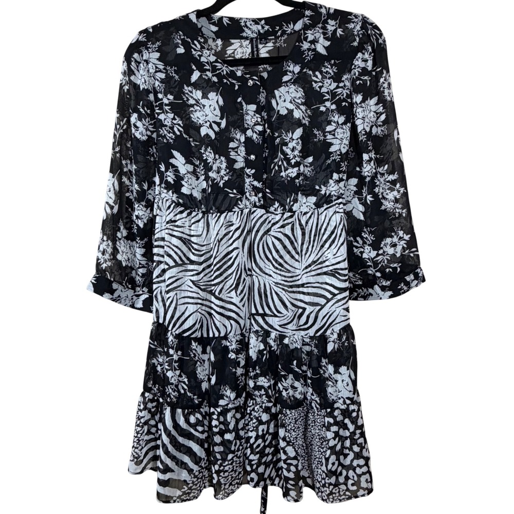 Essentials By Milano Mixed Print Sheer Tunic Dress Black White Floral Zebra M